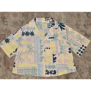 Rachel Zoe Tropical Cropped Button-Down Shirt Pastel Blue Yellow & Pink Size S